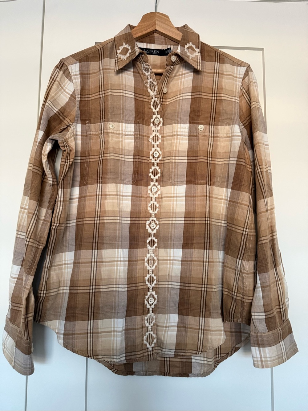 Lauren Ralph Lauren Tan and Cream Plaid Embroidered Button-Up Shirt
